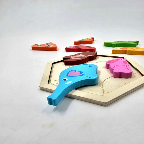Wooden Hexagon Shape Wild Animals Stacking Puzzle - EKT3224