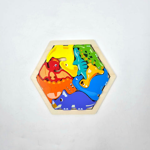 Wooden Hexagon Shape Dino Stacking Puzzle - EKT3225