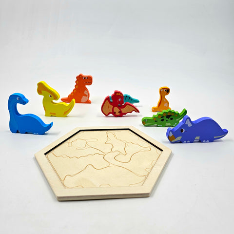 Wooden Hexagon Shape Dino Stacking Puzzle - EKT3225