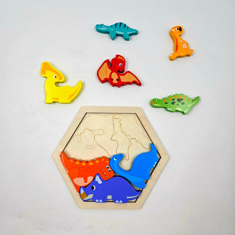 Wooden Hexagon Shape Dino Stacking Puzzle - EKT3225