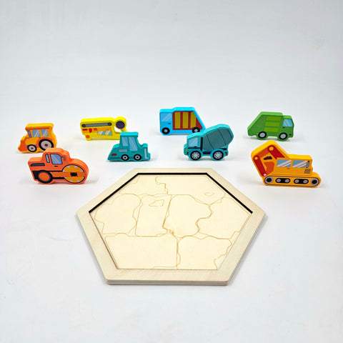 Wooden Hexagon Shape Construction Vehicle Stacking Puzzle - EKT3226