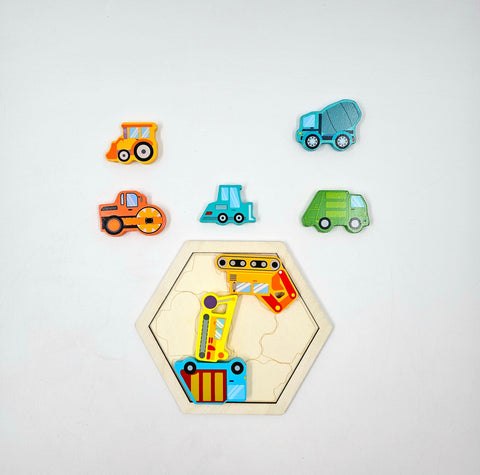 Wooden Hexagon Shape Construction Vehicle Stacking Puzzle - EKT3226
