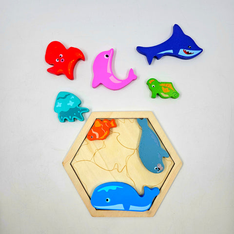 Wooden Hexagon Shape Sea Animals Stacking Puzzle - EKT3229