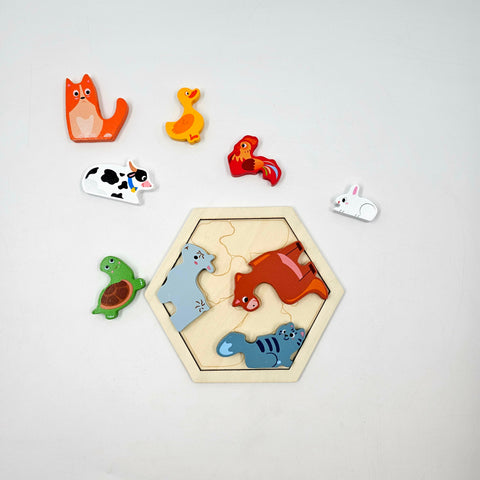 Wooden Hexagon Shape Domestic Animal Stacking Puzzle - EKT3230