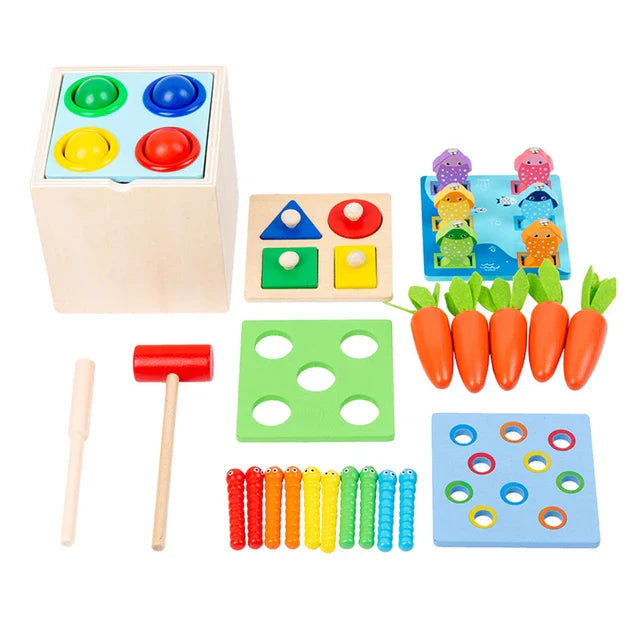 Wooden Montessori 5-in-1 Activity Game | Shape Sorting, Hammer, Pull Game & Slot Fitting Toy