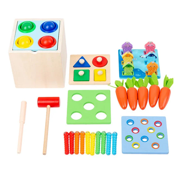 Wooden Montessori 5-in-1 Activity Game | Shape Sorting, Hammer, Pull Game & Slot Fitting Toy