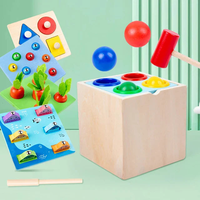 Wooden Montessori 5-in-1 Activity Game | Shape Sorting, Hammer, Pull Game & Slot Fitting Toy