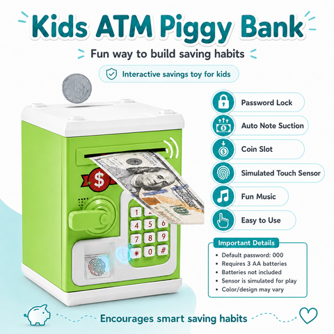 ATM Money Bank - Green  | Learn to Save with Finger-print Enabled Piggy Bank