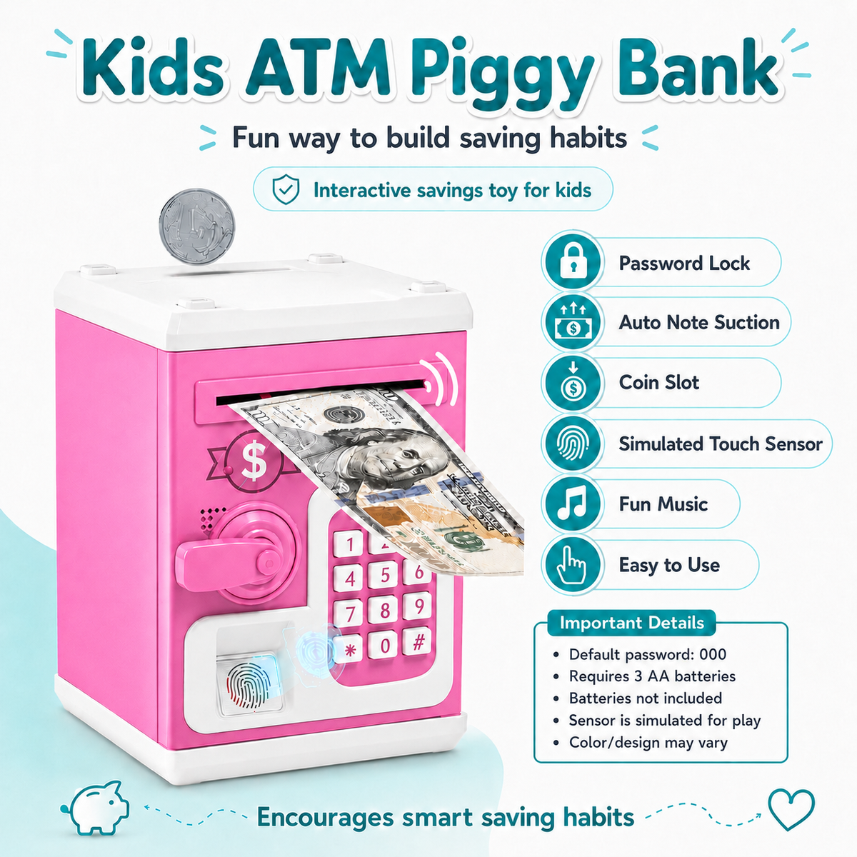 ATM Money Bank - Pink | Learn to Save with Finger-print Enabled Piggy Bank