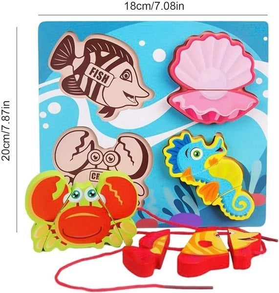 Wooden Chunkey Sea Animal Puzzle With Lacing Board - EKT3327