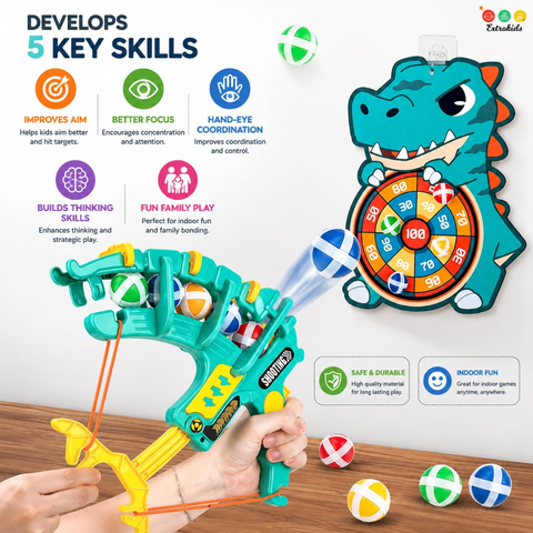 Kids Throw Ball Dartboard | 3 Sticky Balls | 1 Ball Launcher (One Random Design Shipped) - EKT3524
