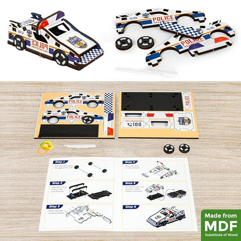 Make And Play Police Patrol Car Mdf Wooden Model Making Toy Vehicle Diy Kit For Kids - EKT3907