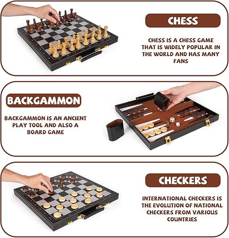 3 In 1 Wooden Magnetic Chess And Checkers Backgammon Board 24 X 24 Cm - EKT3993
