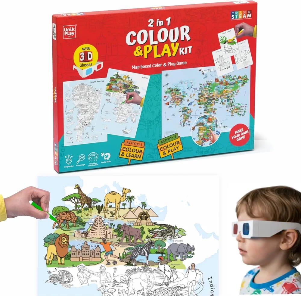 Geography Colouring Kit & World Map Game 2-in-1 Educational DIY Activity for Kids - EKT4090