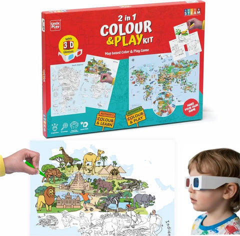 Geography Colouring Kit & World Map Game 2-in-1 Educational DIY Activity for Kids - EKT4090