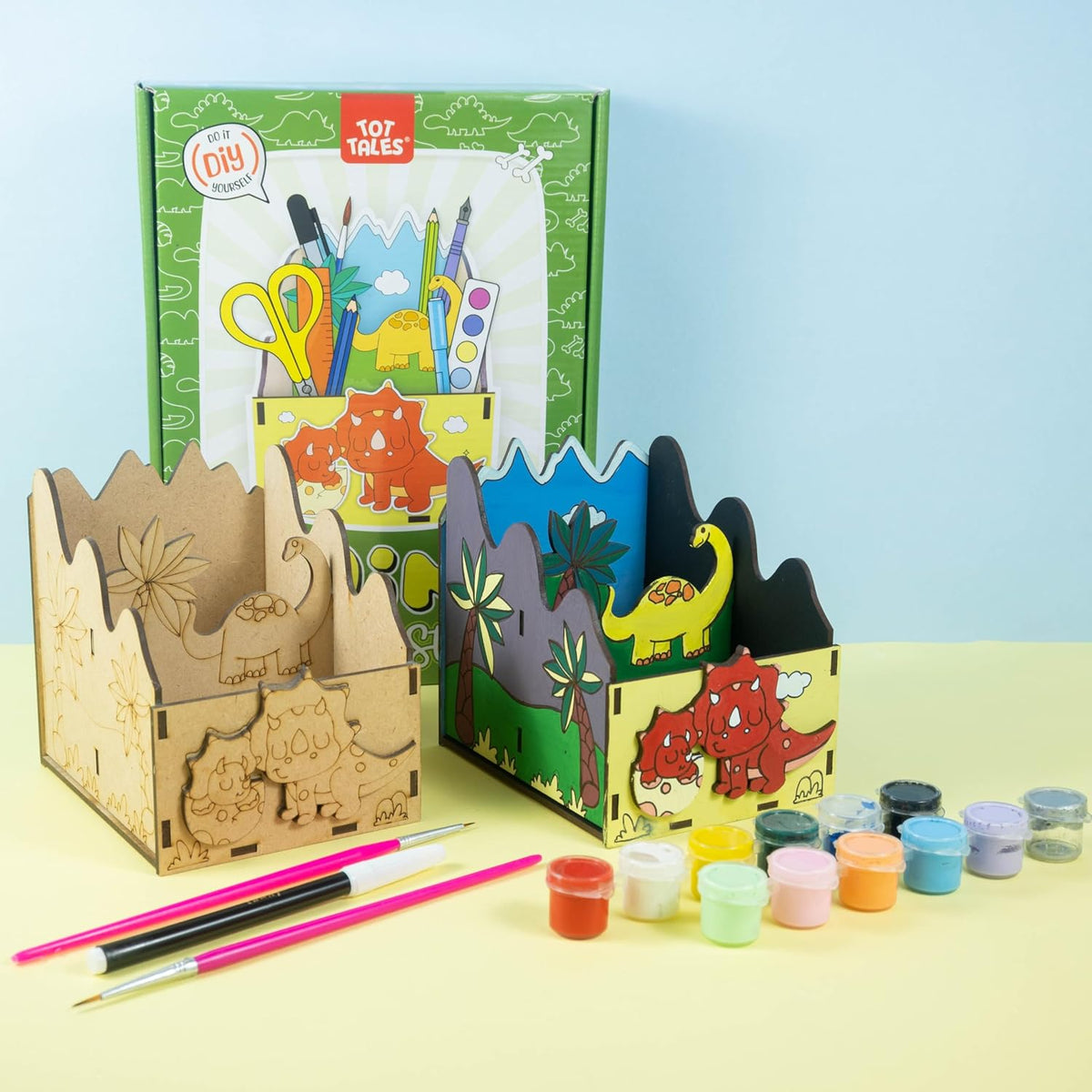 DIY Dino Wooden Pen Stand for Kids with Paint & Brush and Glue - EKT4117