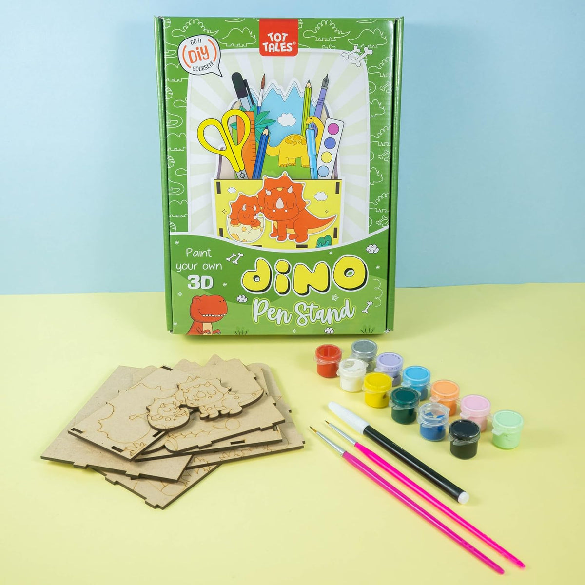 DIY Dino Wooden Pen Stand for Kids with Paint & Brush and Glue - EKT4117