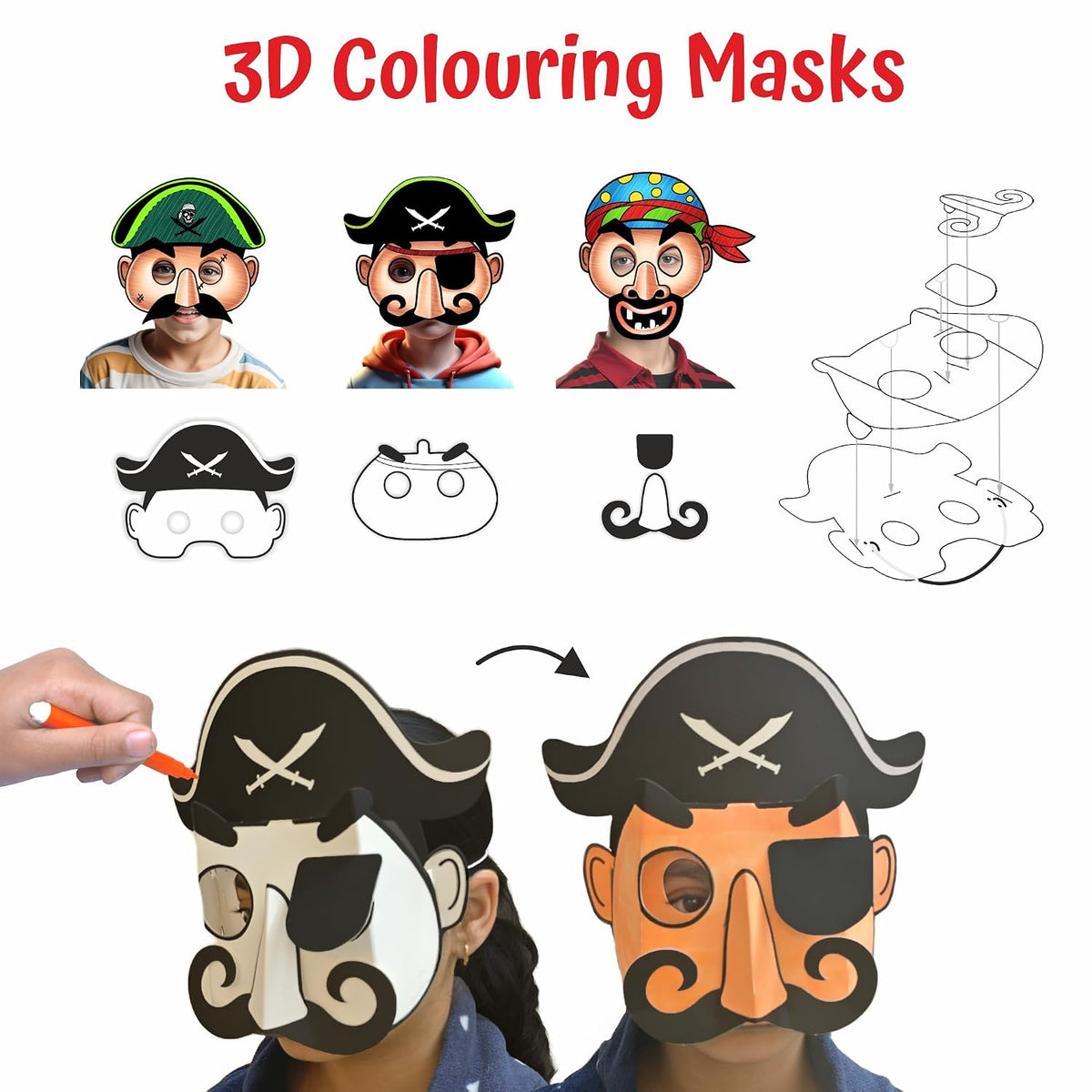 DIY 3D Pirates Colouring Masks With 3 Elastic Strings and 12 Colouring Sketch - EKT4118