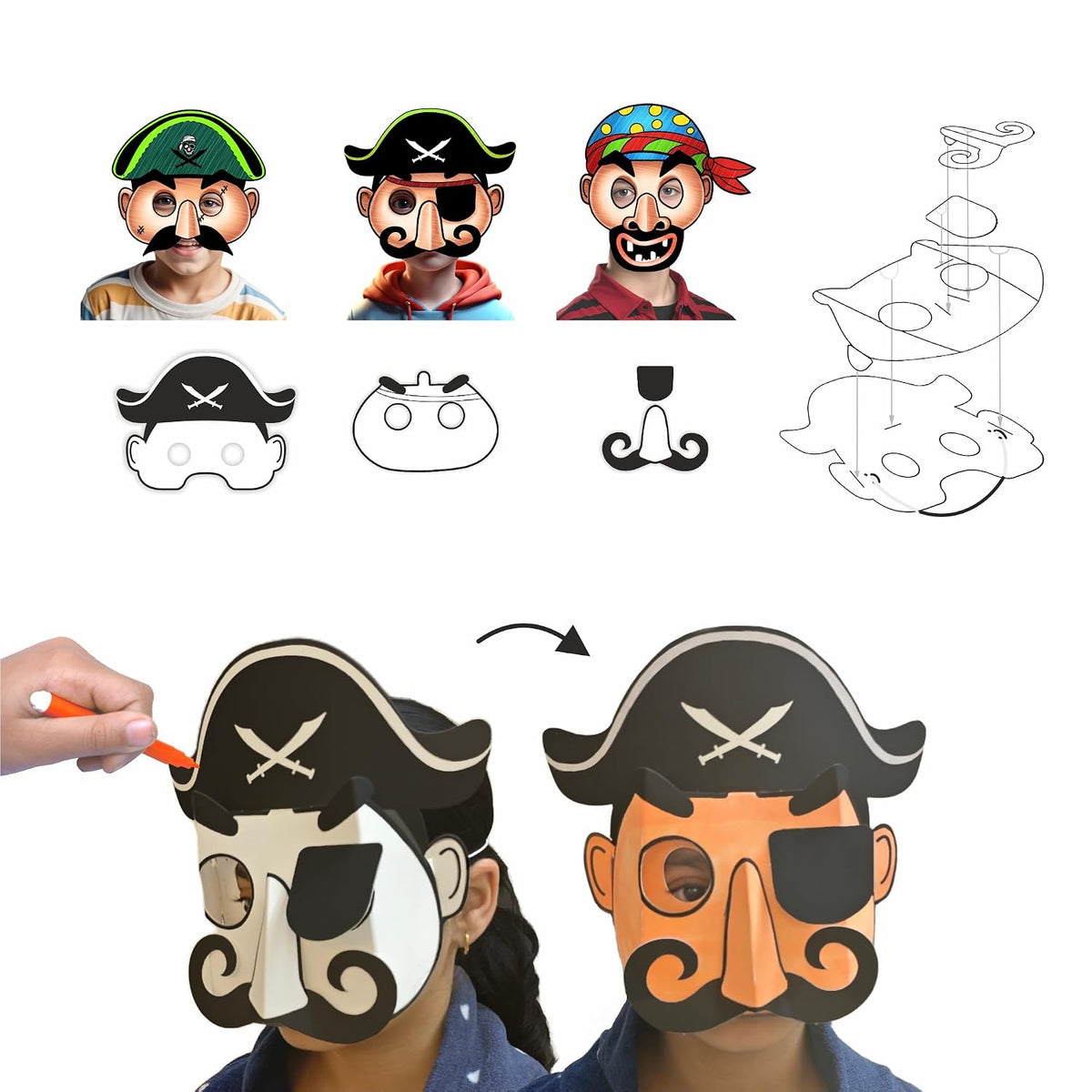 DIY 3D Pirates Colouring Masks With 3 Elastic Strings and 12 Colouring Sketch - EKT4118