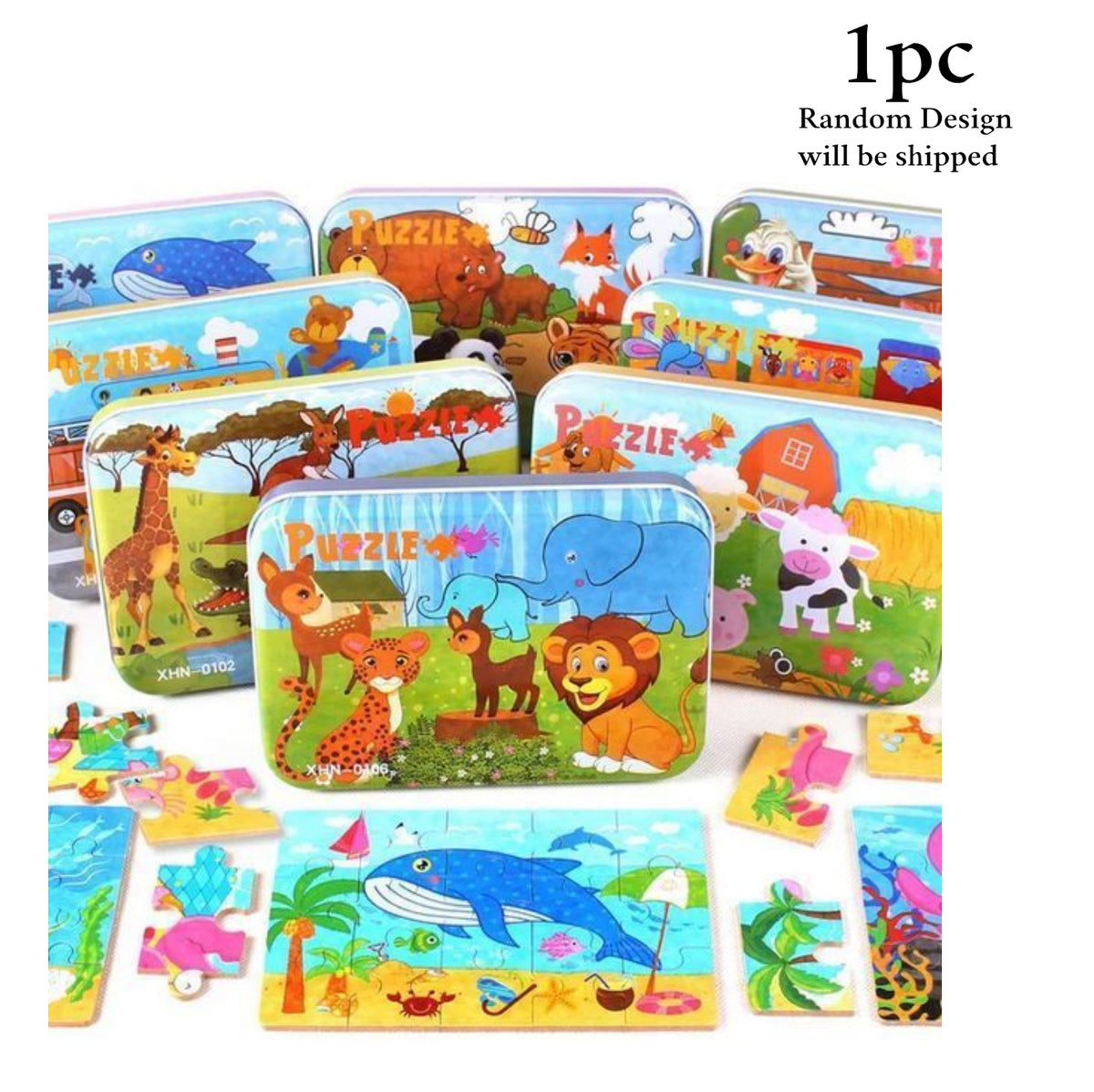 Wooden Jigsaw Puzzle With Tin Box 1 Pc Random Design Will Be Shipped - EKT3333