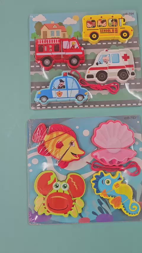 Wooden Chunkey Sea Animal Puzzle With Lacing Board - EKT3327