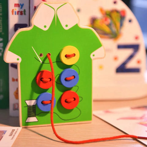 Extrokids Wooden Threading Clothes Funny Button Threading Board Rope Game Early Education Toy for Child - EKT1250