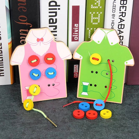 Extrokids Wooden Threading Clothes Funny Button Threading Board Rope Game Early Education Toy for Child - EKT1250