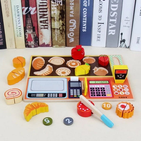 Extrokids Premium Wooden Simulated Supermarket Checkout Counter Role and Cutting Fruit, Vegetable Toy - EKT1419