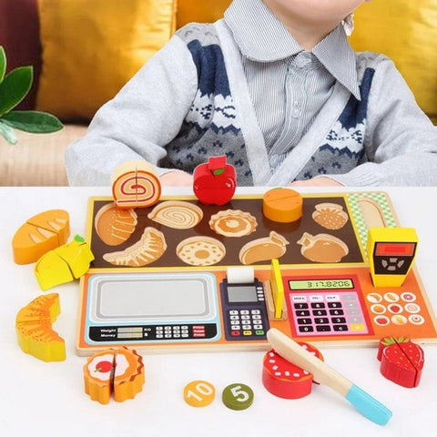 Extrokids Premium Wooden Simulated Supermarket Checkout Counter Role and Cutting Fruit, Vegetable Toy - EKT1419