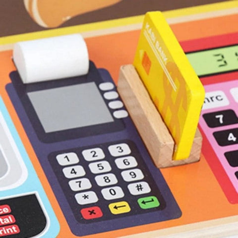 Extrokids Premium Wooden Simulated Supermarket Checkout Counter Role and Cutting Fruit, Vegetable Toy - EKT1419