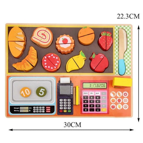 Extrokids Premium Wooden Simulated Supermarket Checkout Counter Role and Cutting Fruit, Vegetable Toy - EKT1419