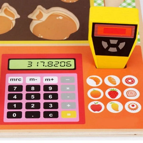 Extrokids Premium Wooden Simulated Supermarket Checkout Counter Role and Cutting Fruit, Vegetable Toy - EKT1419