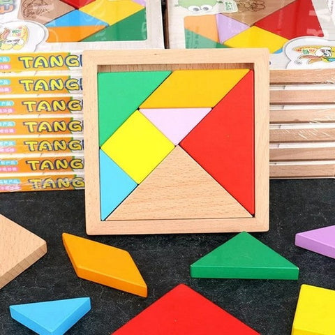 Extrokids Wooden Tangram 7 Piece Jigsaw Puzzle Colorful Square IQ Game Brain Teaser Intelligent Educational Puzzle - EKT1420
