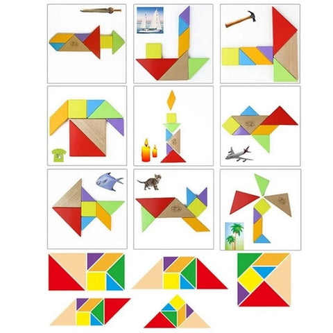 Extrokids Wooden Tangram 7 Piece Jigsaw Puzzle Colorful Square IQ Game Brain Teaser Intelligent Educational Puzzle - EKT1420