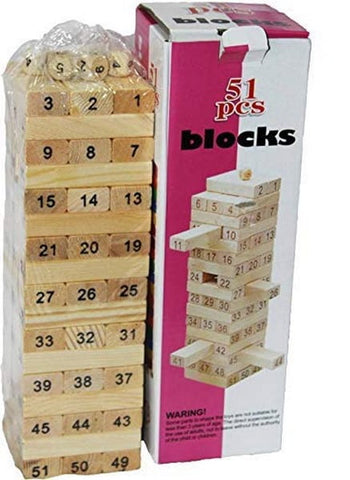 Puzzle Stacking Game Tumbling Tower Numbered Wooden Jenga Blocks with 4 Dices (22.5 x 6.7 x 6.7 cm, 51 Pi - EKT1454