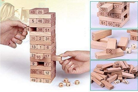 Puzzle Stacking Game Tumbling Tower Numbered Wooden Jenga Blocks with 4 Dices (22.5 x 6.7 x 6.7 cm, 51 Pi - EKT1454