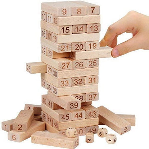 Puzzle Stacking Game Tumbling Tower Numbered Wooden Jenga Blocks with 4 Dices (22.5 x 6.7 x 6.7 cm, 51 Pi - EKT1454