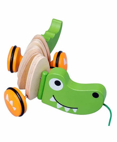 Wooden Crocodile Pull Along Toy with Whistle (Color May Vary) - EKT1476