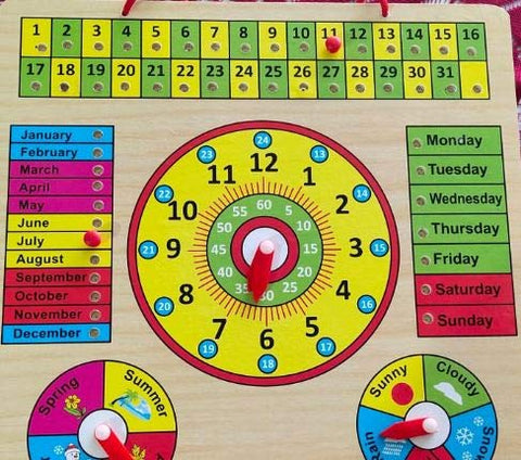 Extrokids Wooden Multifunctional Learning Clock, Calendar, Days, Months, Weather, Seasons,Toy for Kids with Pins  - EKT1513