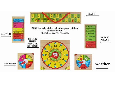 Extrokids Wooden Multifunctional Learning Clock, Calendar, Days, Months, Weather, Seasons,Toy for Kids with Pins  - EKT1513