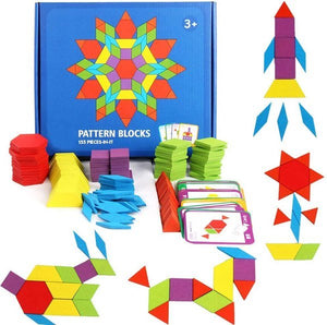 Extrokids 155 Pcs Wooden Pattern Blocks Set Geometric Shape Puzzle With Design Cards EKT1516