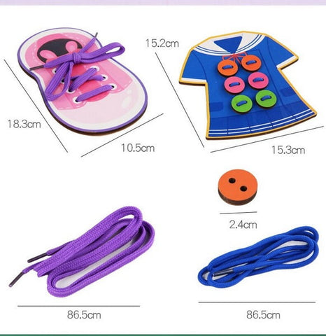 Extrokids Wooden Girl Wear Shoes With Sewing Frog Button Game Thread Toys - EKT1521