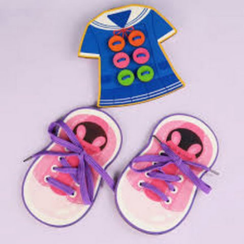 Extrokids Wooden Girl Wear Shoes With Sewing Frog Button Game Thread Toys - EKT1521