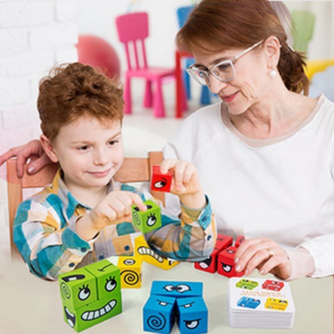 Extrokids Wooden Magic Colorful Cube Face Pattern, Funny Expression Puzzle, Building Blocks, Brain Teasers Toy - EKT1524