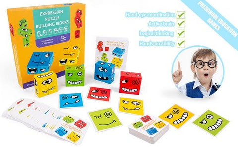 Extrokids Wooden Magic Colorful Cube Face Pattern, Funny Expression Puzzle, Building Blocks, Brain Teasers Toy - EKT1524