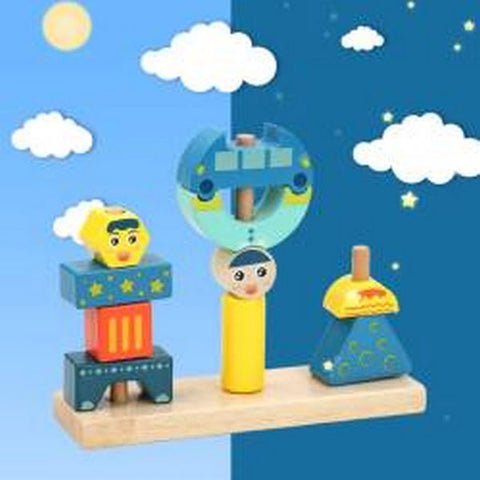 Extrokids Wooden Sun & Moon Day & Night Pillar Building Block Game Educational Toys For Kids EKT1530