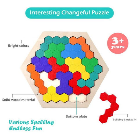 Extrokids Puzzle Hexagon Fun Geometry Logic 3D Wooden Puzzle Table IQ Game Montessori Educational T - EKT1531