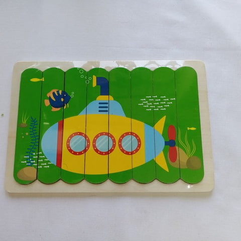 Extrokids Wooden Double Sided 8 Pcs Stick Puzzle Submarine With School Bus Montessori toy - Green - EKT1540