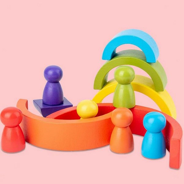 Wooden 6pc Rainbow Stacking Blocks with 6 Pcs doll small Fun Building Nesting Toys for Kids - EKT1574