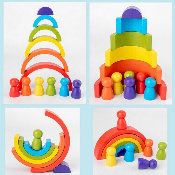 Wooden 6pc Rainbow Stacking Blocks with 6 Pcs doll small Fun Building Nesting Toys for Kids - EKT1574